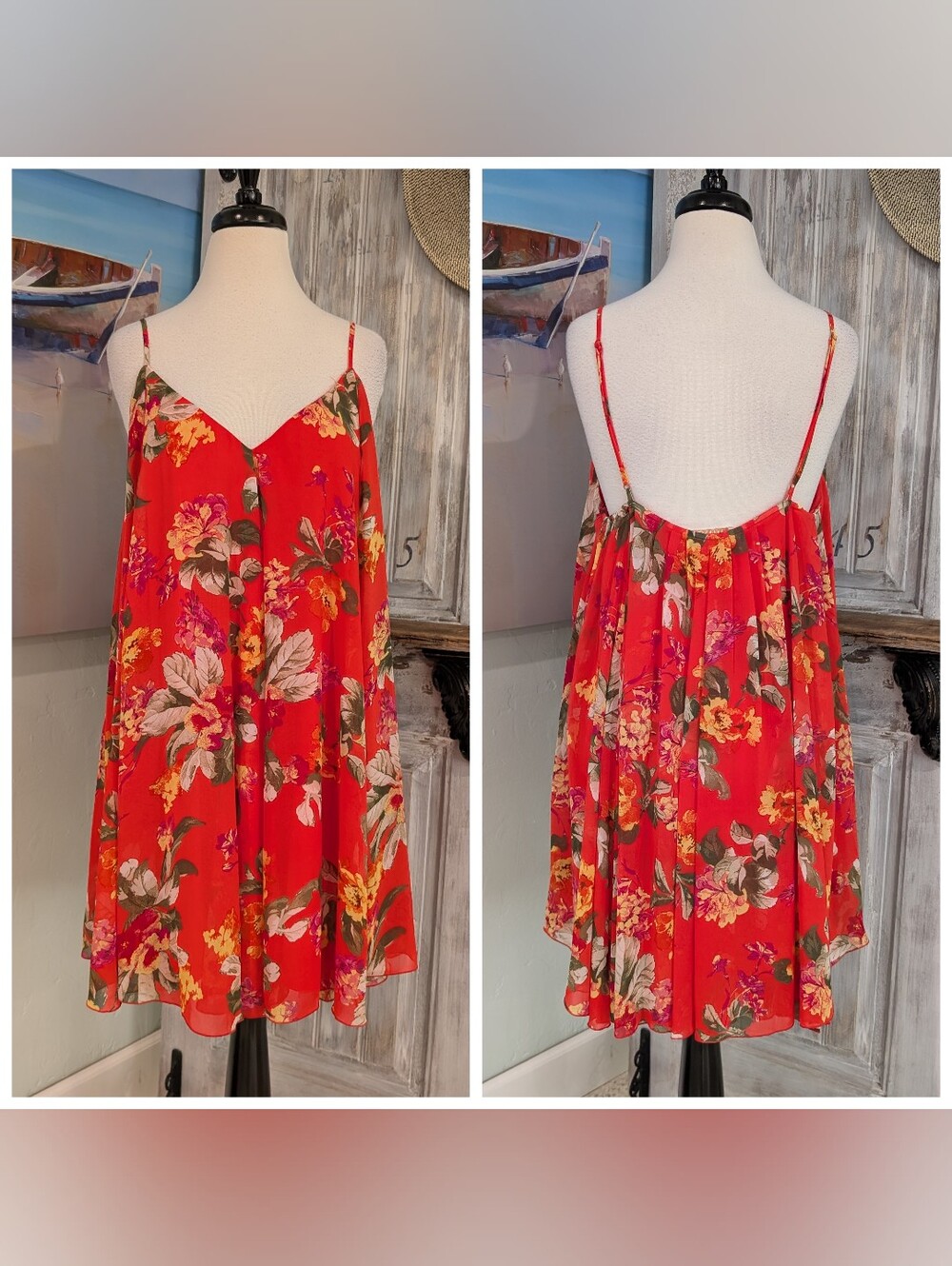 Wayf Red Orange Floral Spaghetti Strap Backless Dress